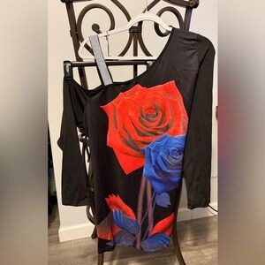 Chic Black One-Shoulder Top with Red and Blue Floral Design